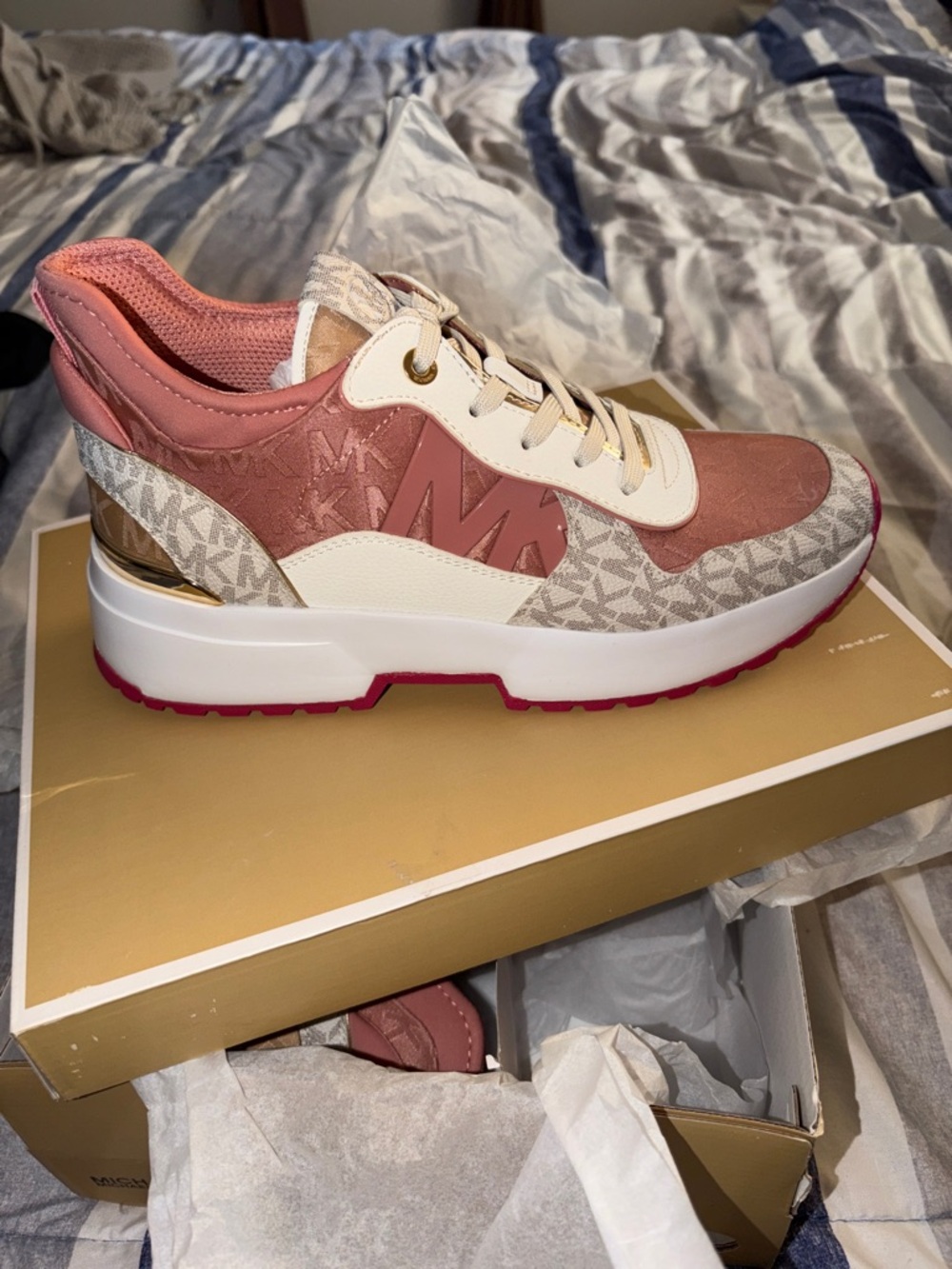 Michael Kors Coral Pink and Beige Low-Top Platform Sneaker